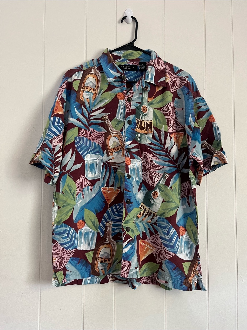 VintageCactus Men's Tropical Button-Down Shirt - Brown Blue & Green